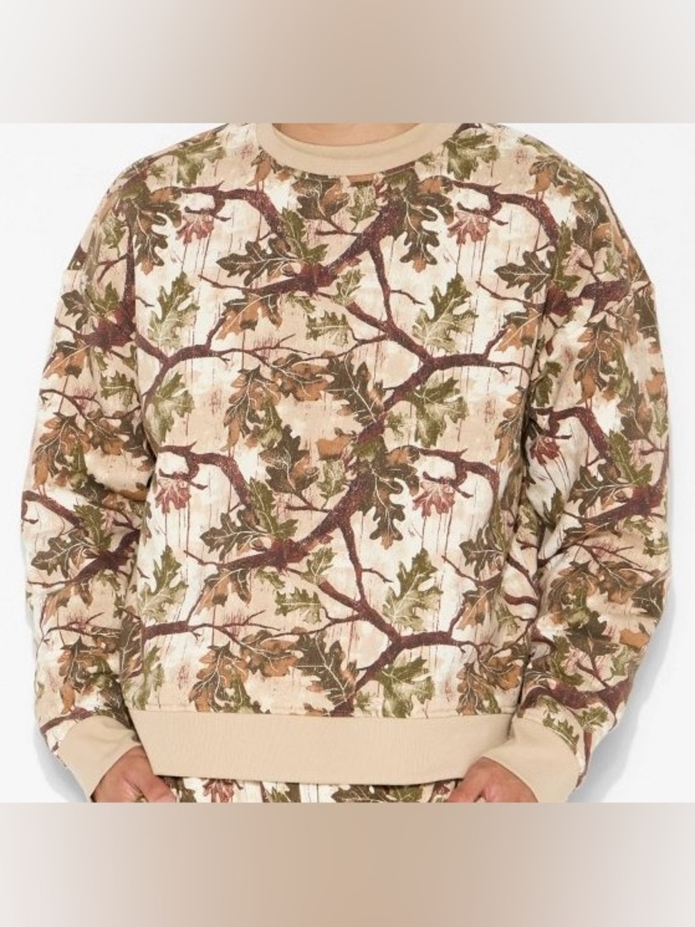 Original Use Men's Crewneck Sweater in Beige, Brown & Green Leaf Print